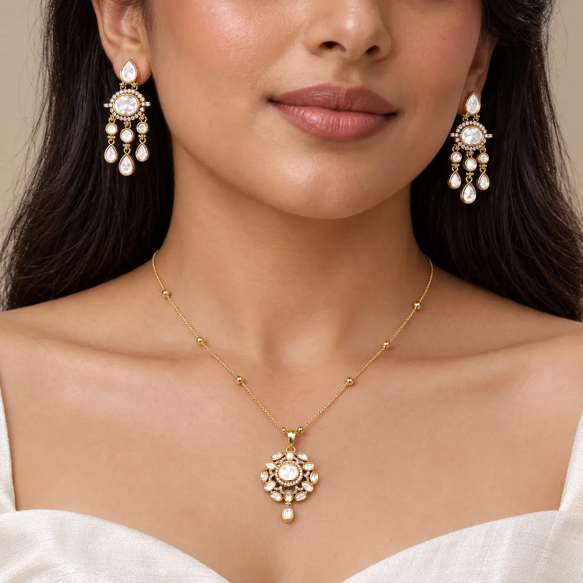 Mihira White Kundan Floral Pendant Necklace Set with Earrings