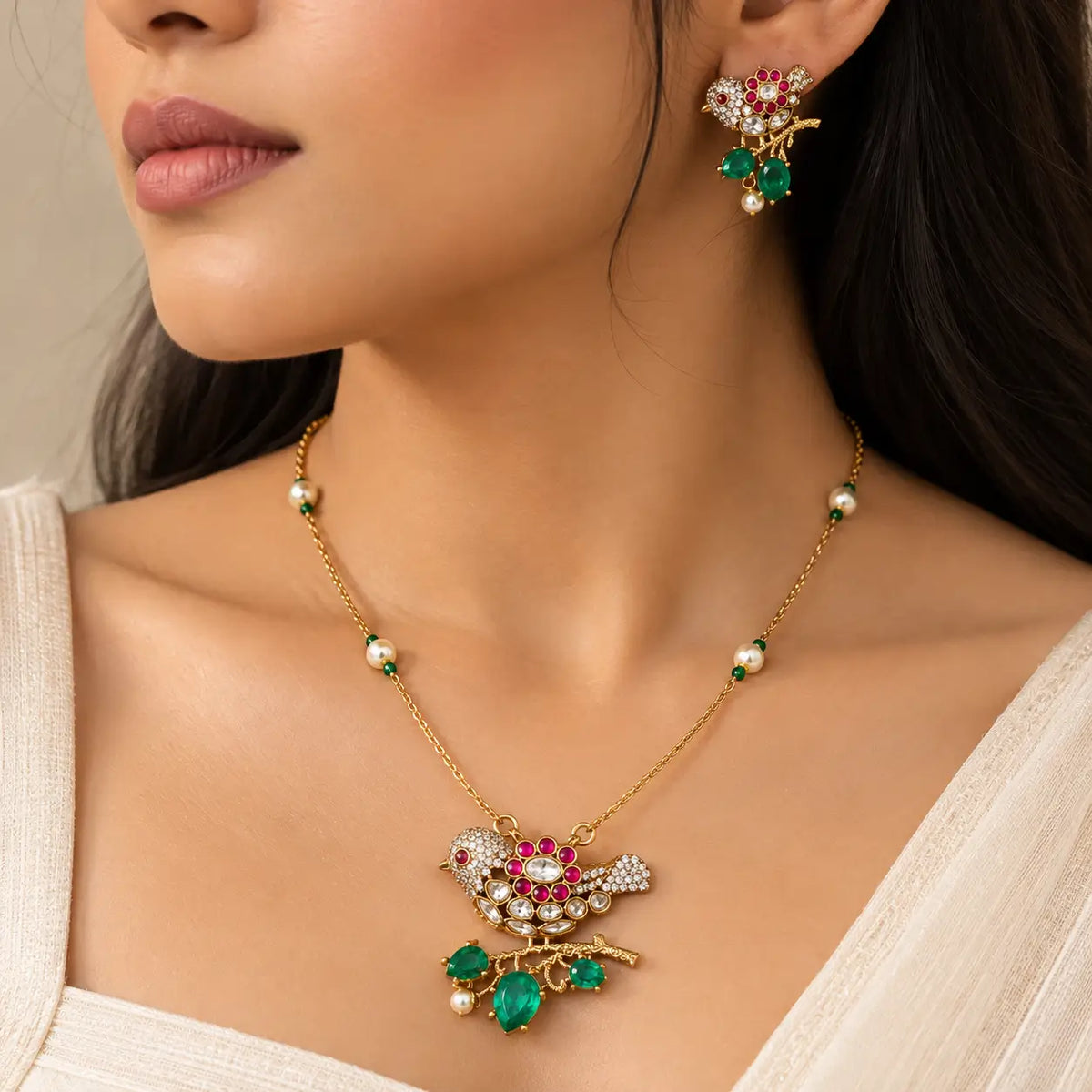 Pihu Bird Kundan Necklace Set with Earrings