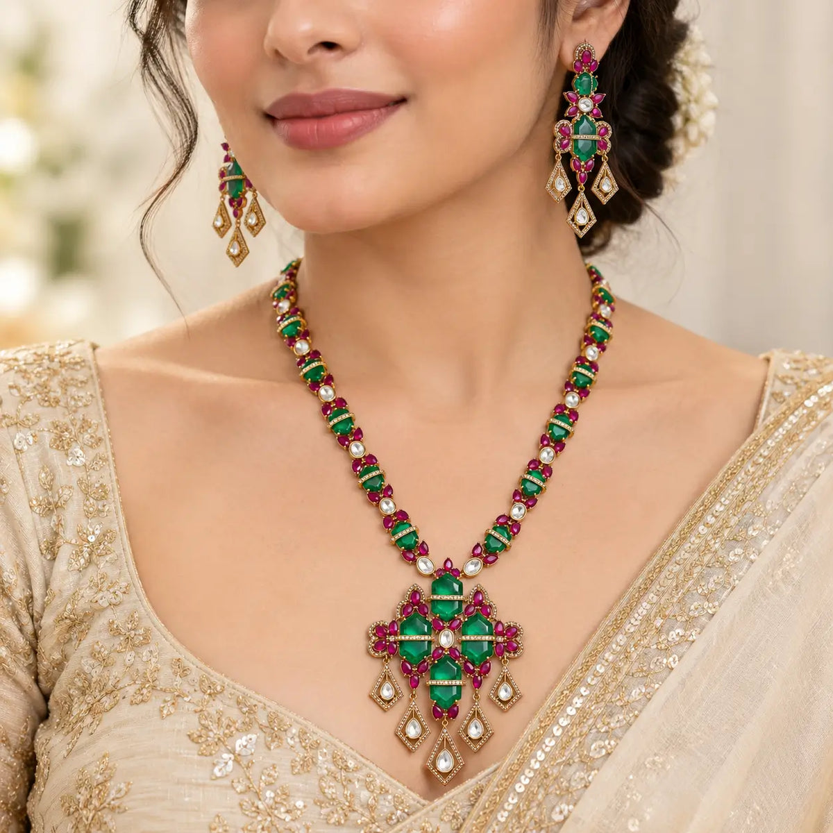 Usha Emerald & Ruby Doublet Moissanite Long Necklace Set with Statement Earrings
