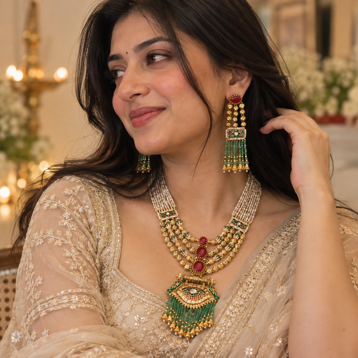 Zarvisha Ruby & Emerald Green Multi-Layer Pearl Haar Set