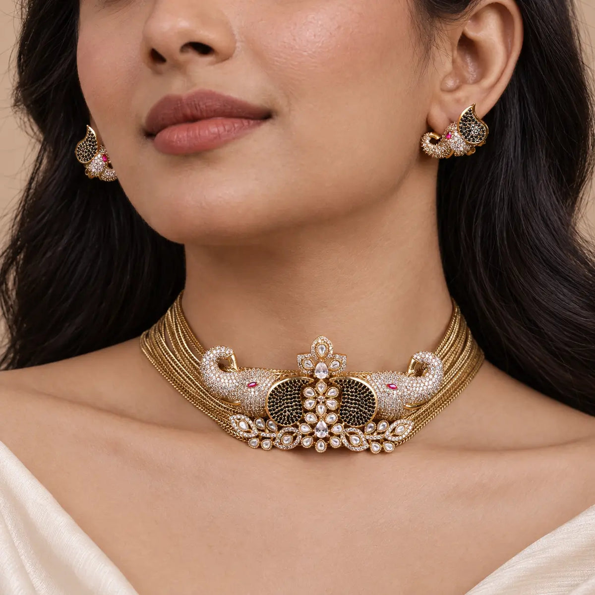 Gajraani Black Stone Elephant CZ Choker Necklace Set with Earrings