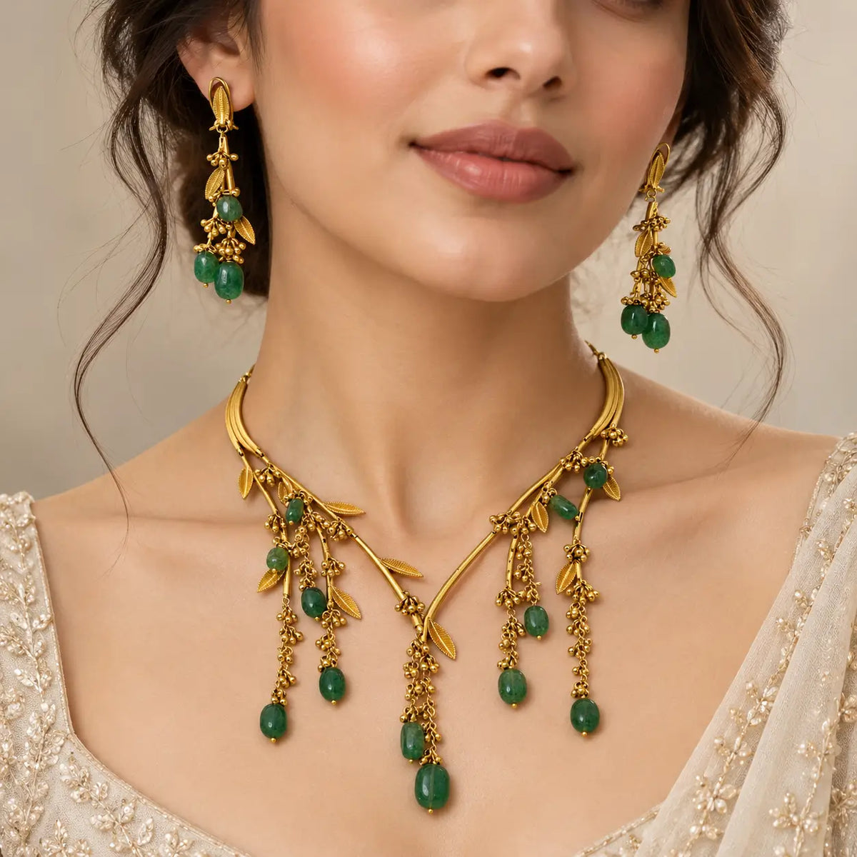 Emerald Green Beaded Gold Vine Necklace Set with Earrings