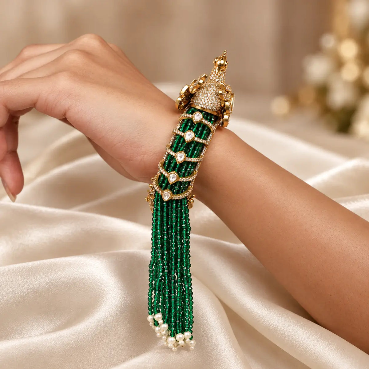 Emerald Tassle Peacock Polki Openable Kada Bracelet