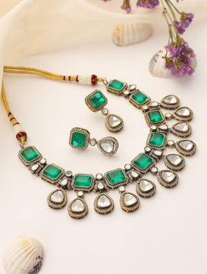 Luxury Rajvi Kundan Royale Choker Necklace – Green Stone Bridal Jewelry