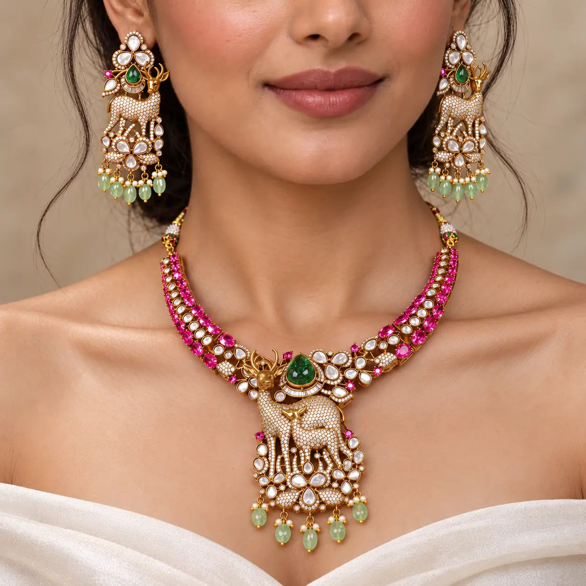 Mrigini Ruby Pink & Mint Green Deer Motif Kundan Necklace Set with Earrings