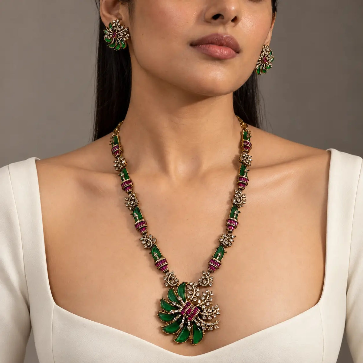 Tavira Emerald Green & Ruby Pink Floral CZ Necklace Set
