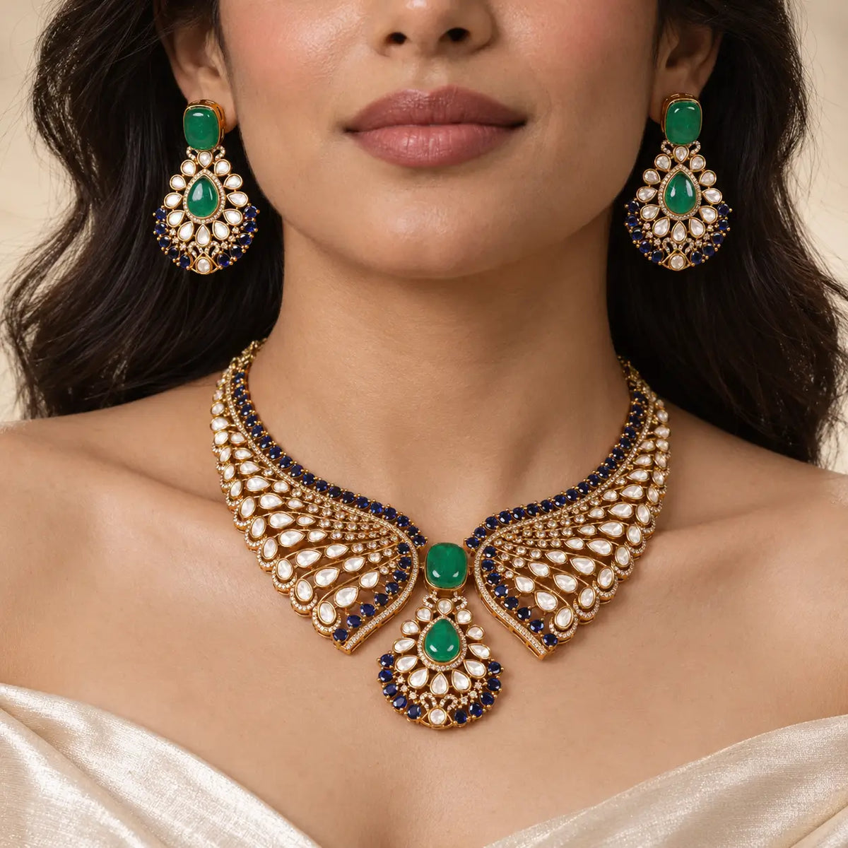 Anisha Emerald Blue Mosonite Wing Kundan Necklace Set (Necklace + Earrings)