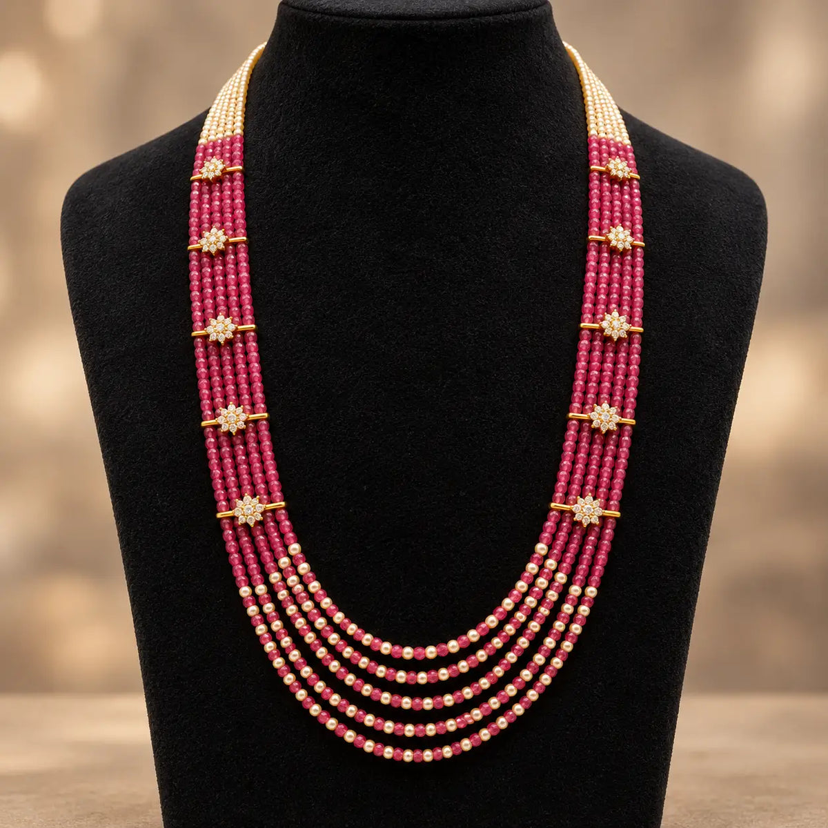 Aarika Raspberry Red and Pearl Bead Layered Long Necklace