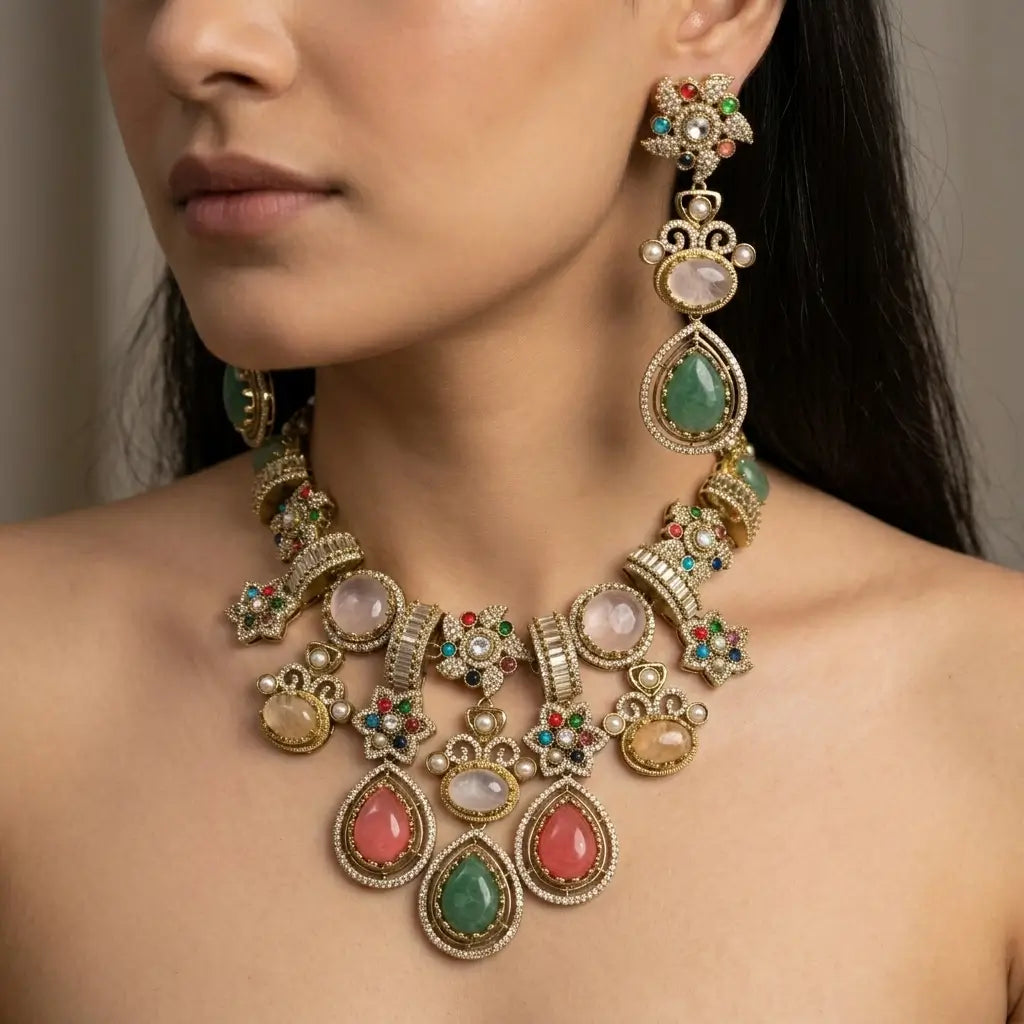 Sabhya Multicolor Statement Necklace Set with Earrings