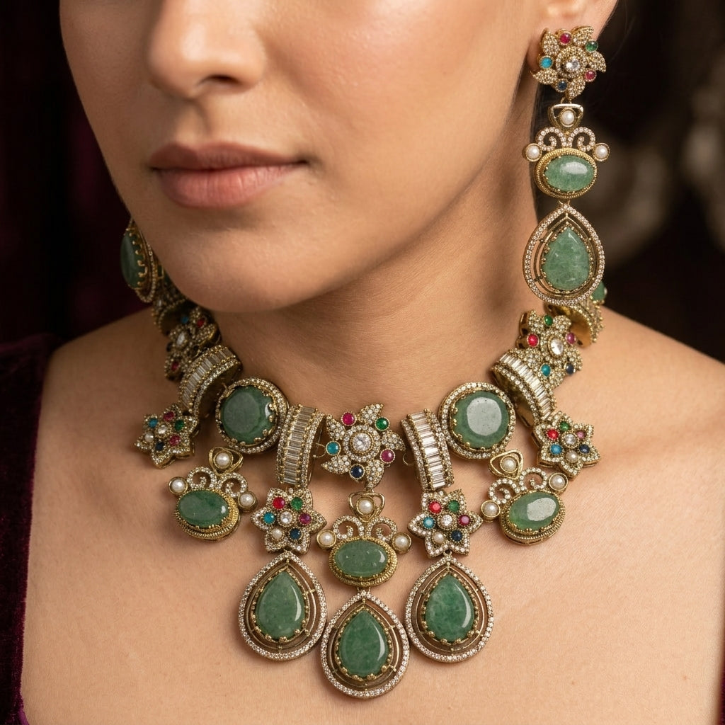 Sabhya Emerald Statement Necklace Set with Earrings