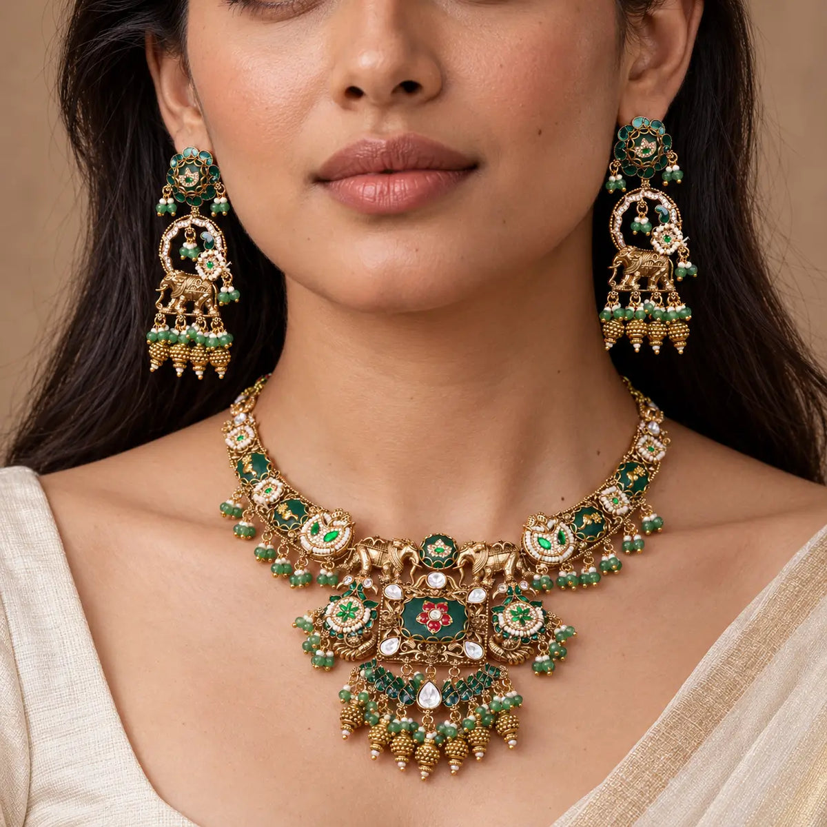 Gajvani Emerald Green Elephant Kundan Necklace Set with Earrings