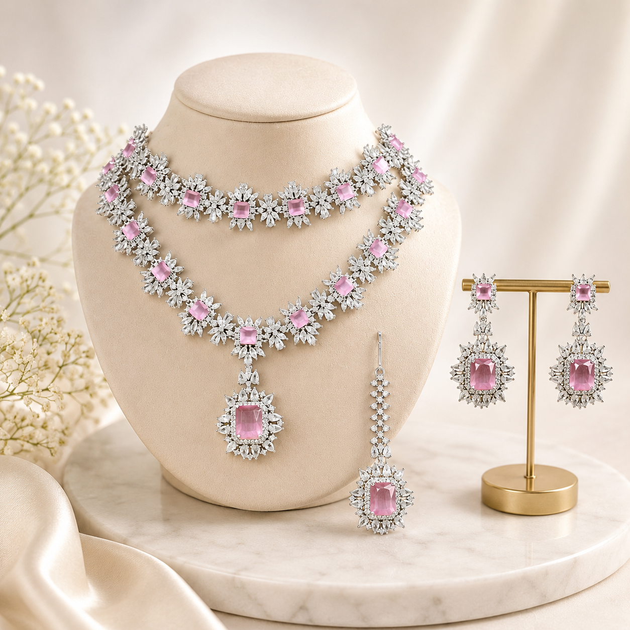 Misha Pink Diamond Silver Long Short Necklace with Earrings and