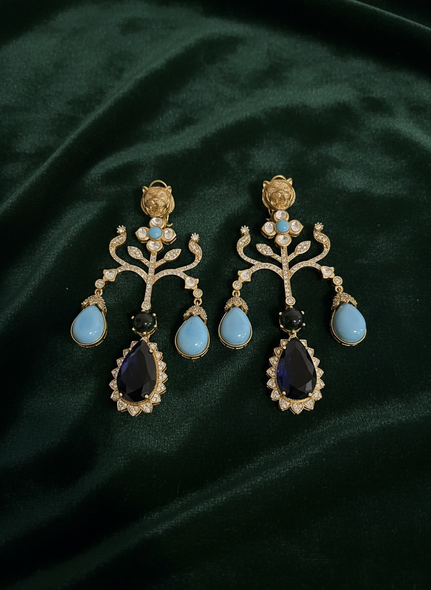 Long Jaguar Earrings in Turquoise, Green & Blue Stones | Antique Plated Kundan Statement Earrings