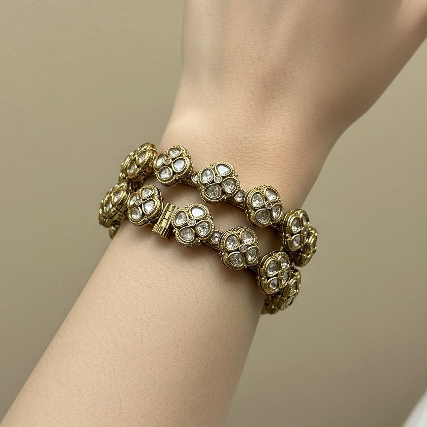 Antique Floral Uncut Polki Bangles with Kundan Detailing