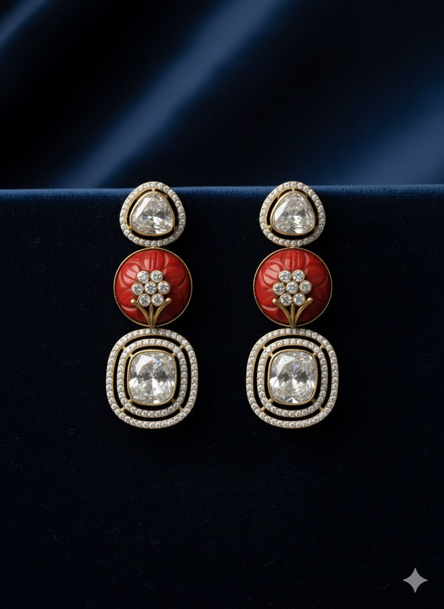 Antique Coral Red Kundan Earrings