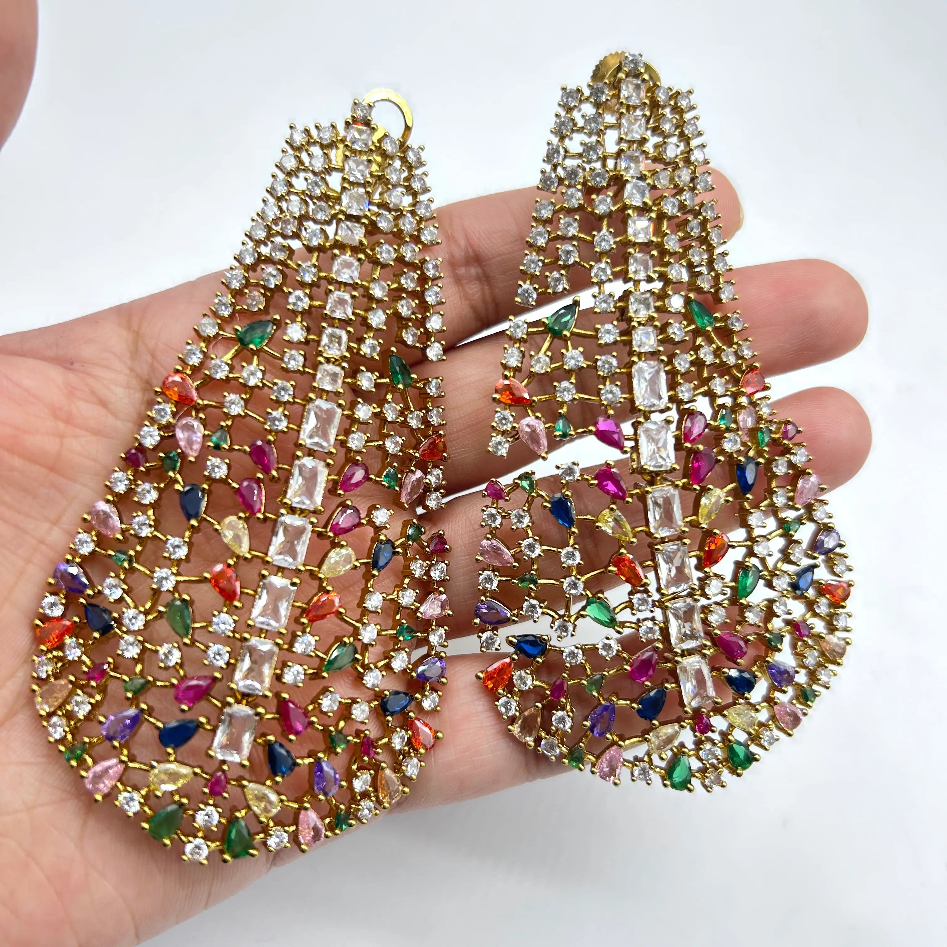 Liora Statement Earrings – Multicolored CZ Lattice Long Drop Earrings