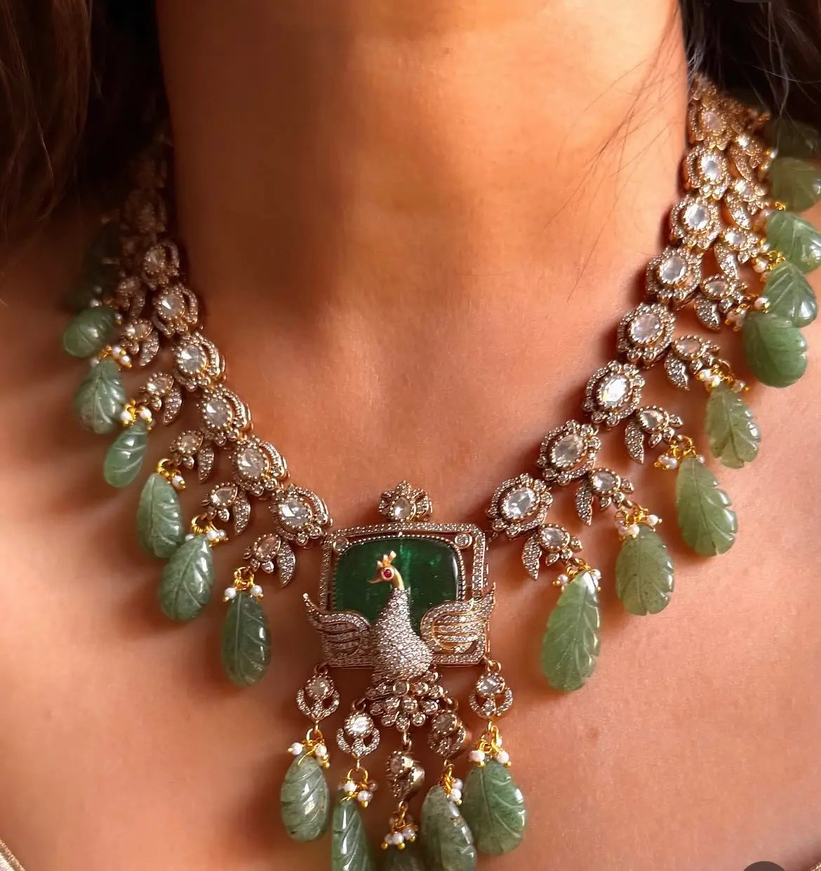 Peacock Mint Doublet Mosonite Necklace Set – Carved Stone