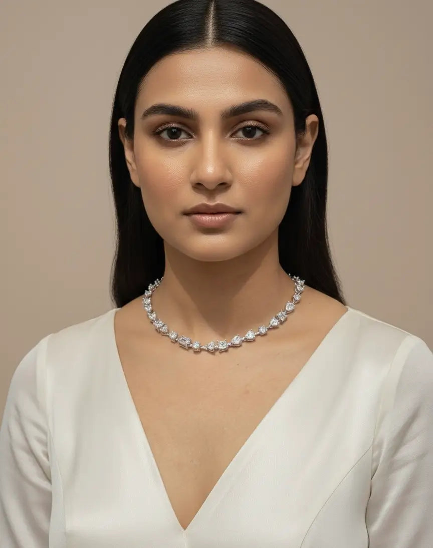 Aria Diamond Tennis Necklace Set – Mixed Cut CZ Necklace with Drop Earrings