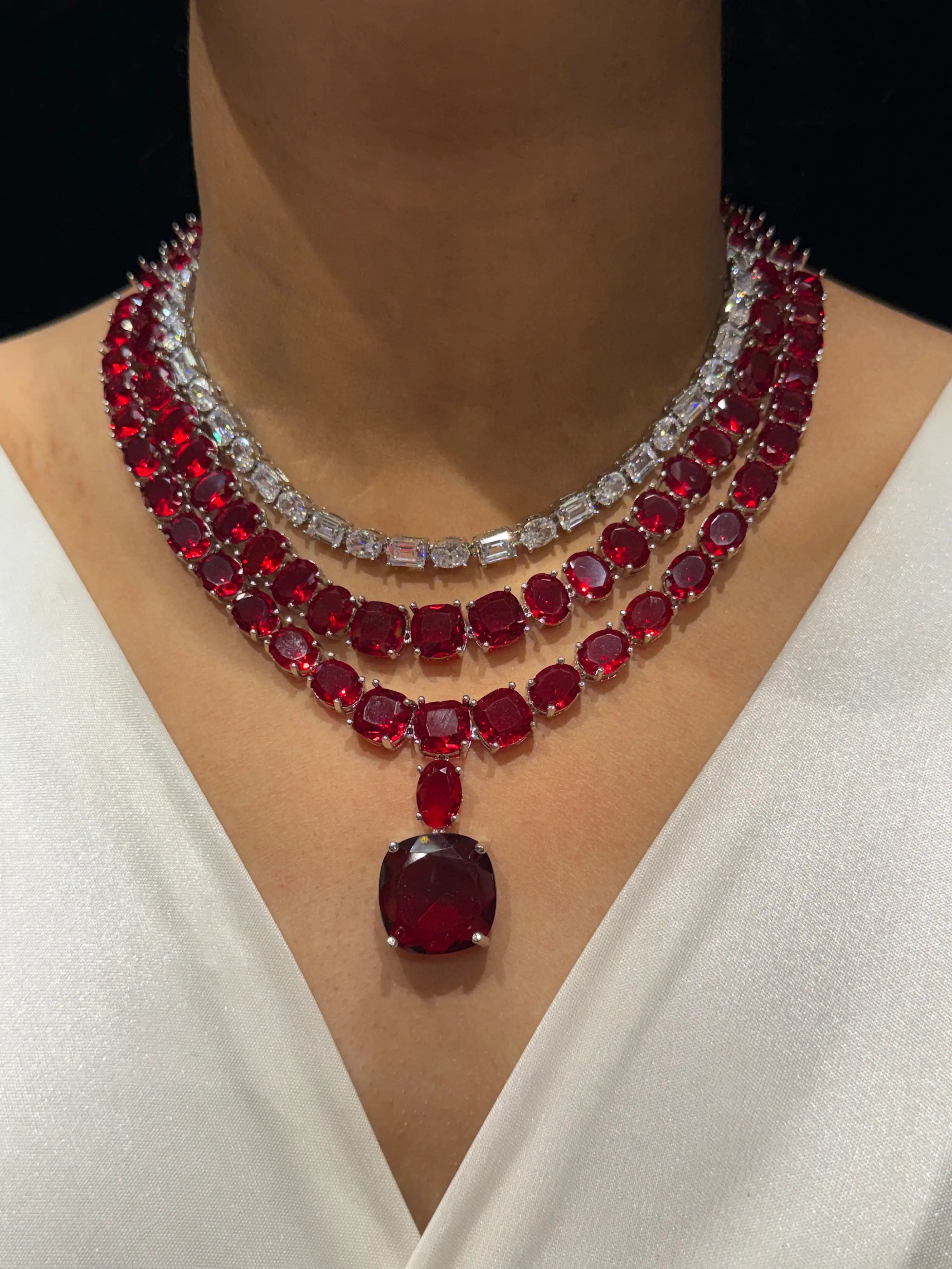 Crimson Royale Triple-Layer Ruby Necklace Set with Statement Drop