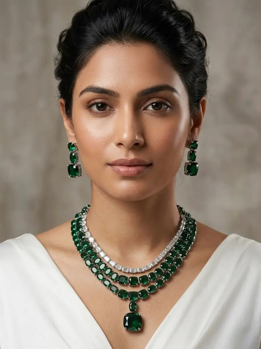 Crimson Royale Triple-Layer Emerald Necklace Set with Statement Drop
