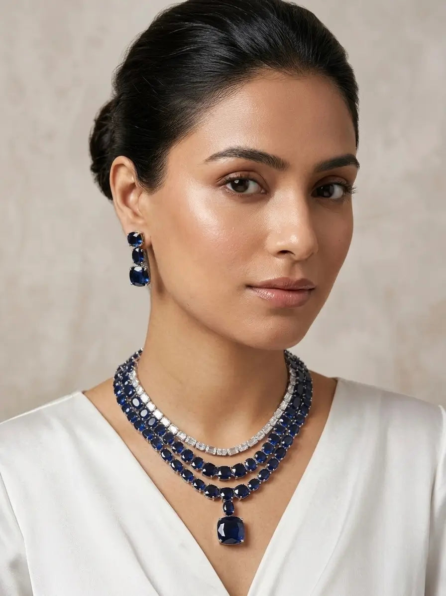 Crimson Royale Triple-Layer Sapphire Necklace Set with Statement Drop