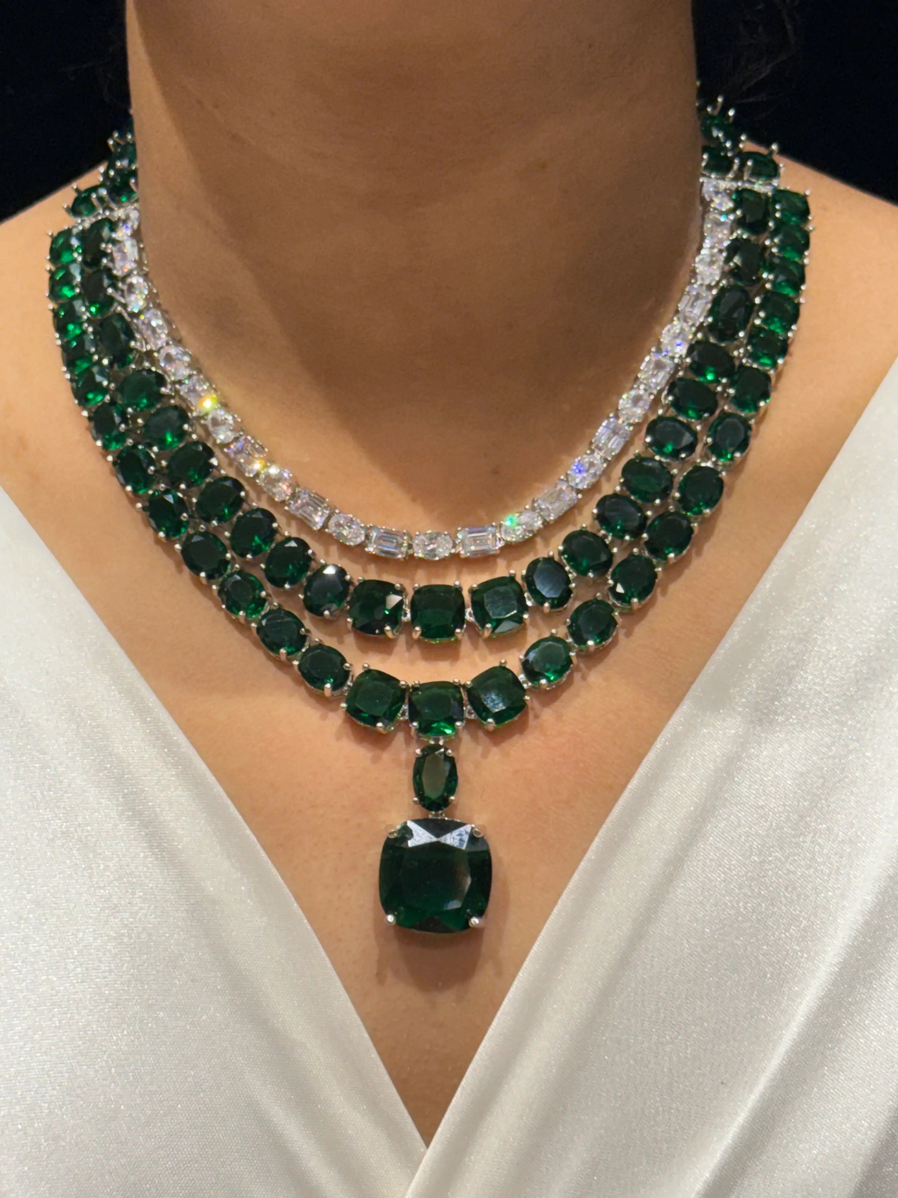 Crimson Royale Triple-Layer Emerald Necklace Set with Statement Drop