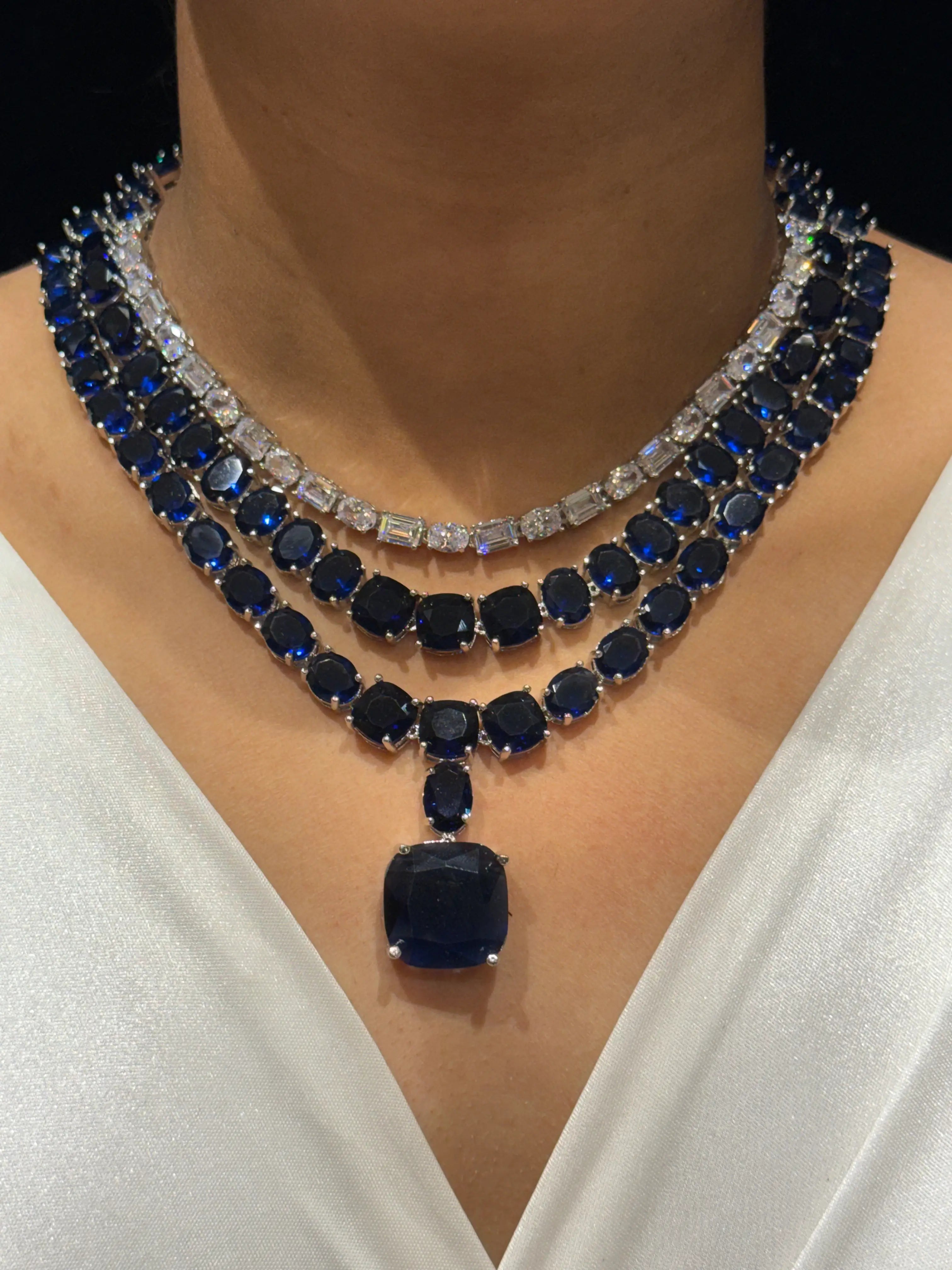 Crimson Royale Triple-Layer Sapphire Necklace Set with Statement Drop