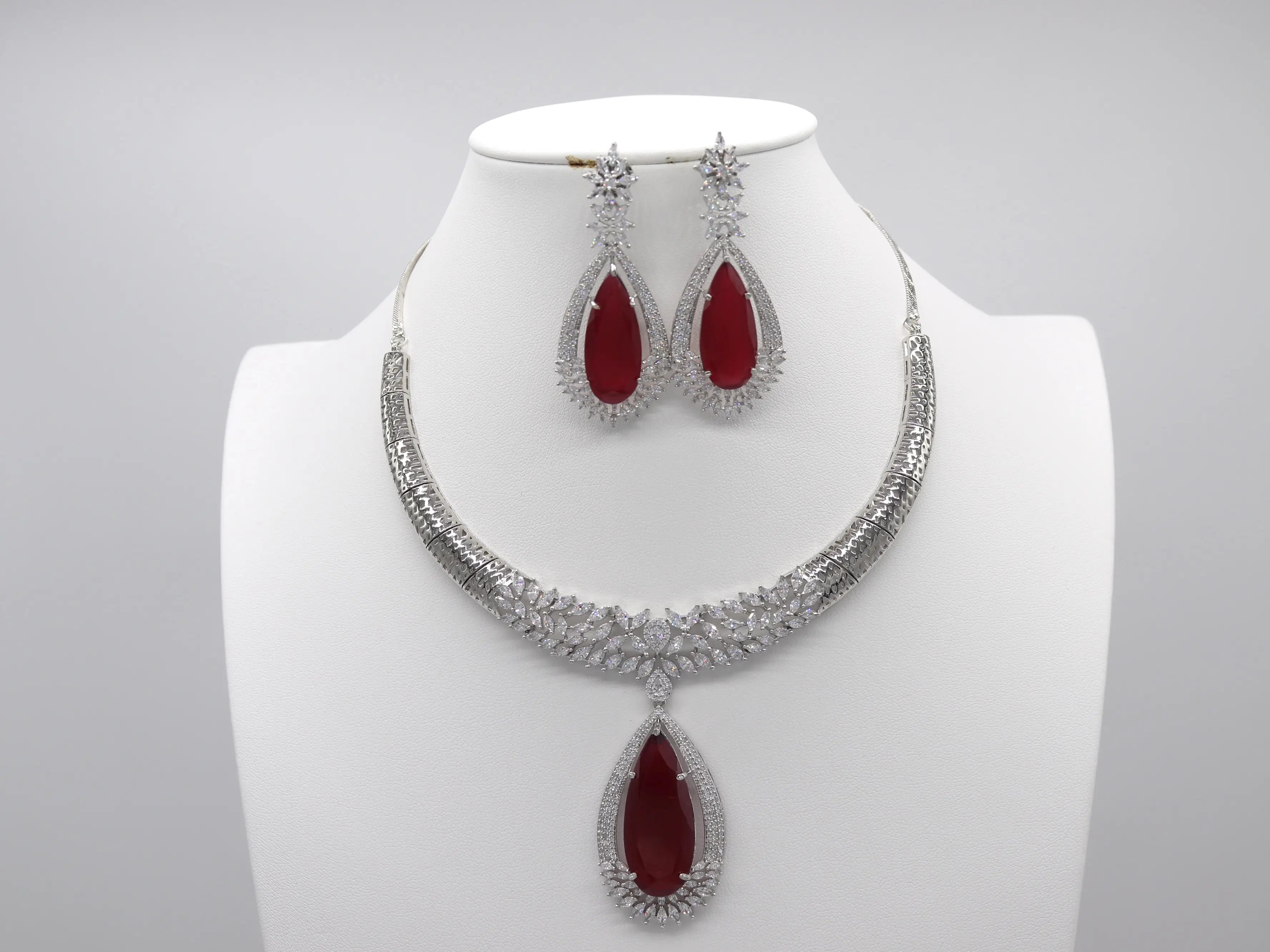 Ivana Dark Ruby Silver Necklace Set with Earrings