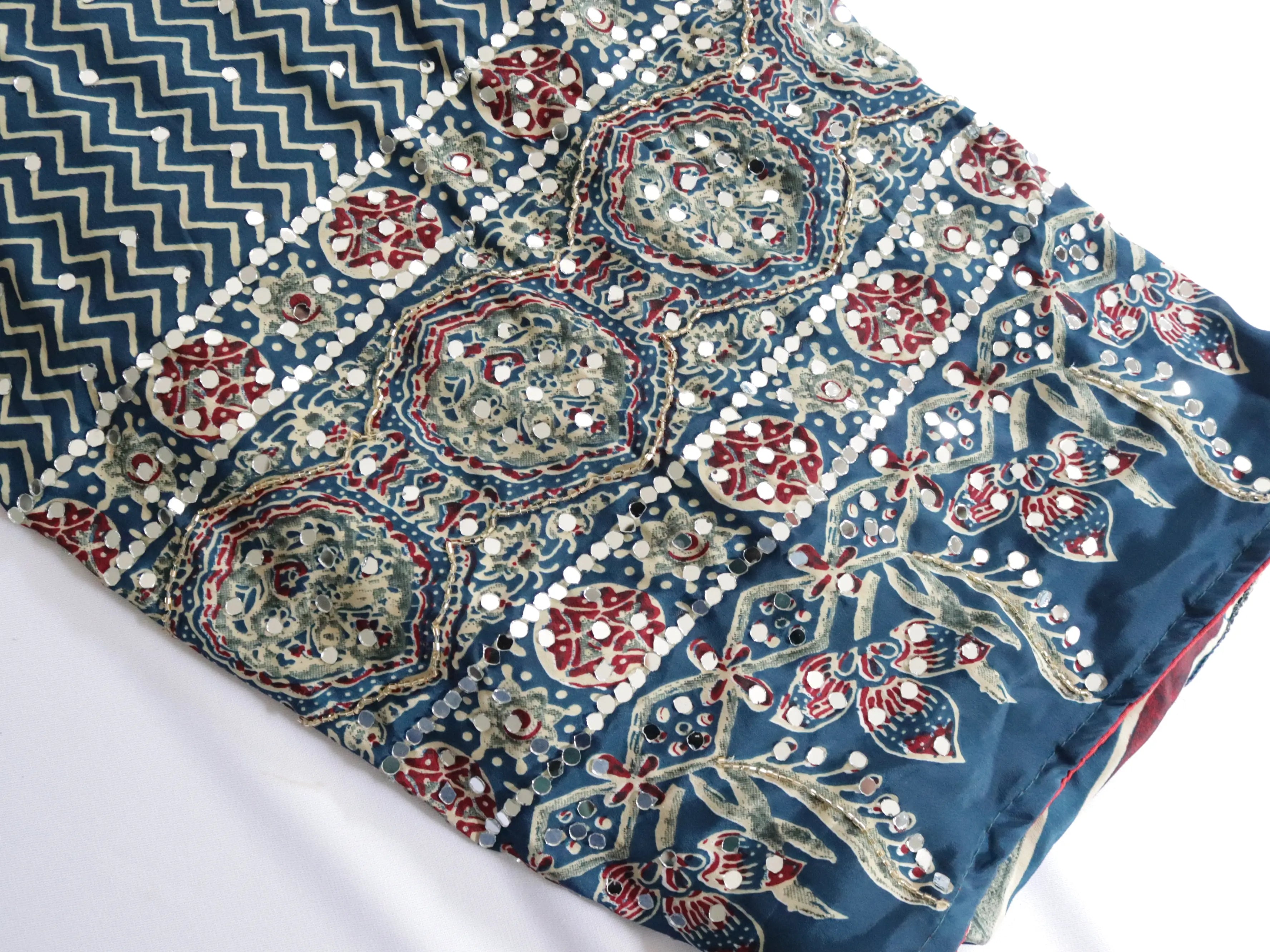 Ajrakh Mirror Work Saree with Ready-Made Blouse | Adjustable Size 38–44