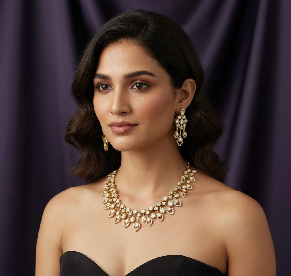 Anaya Mosonite Necklace Set with Gold Plating & Long Earrings