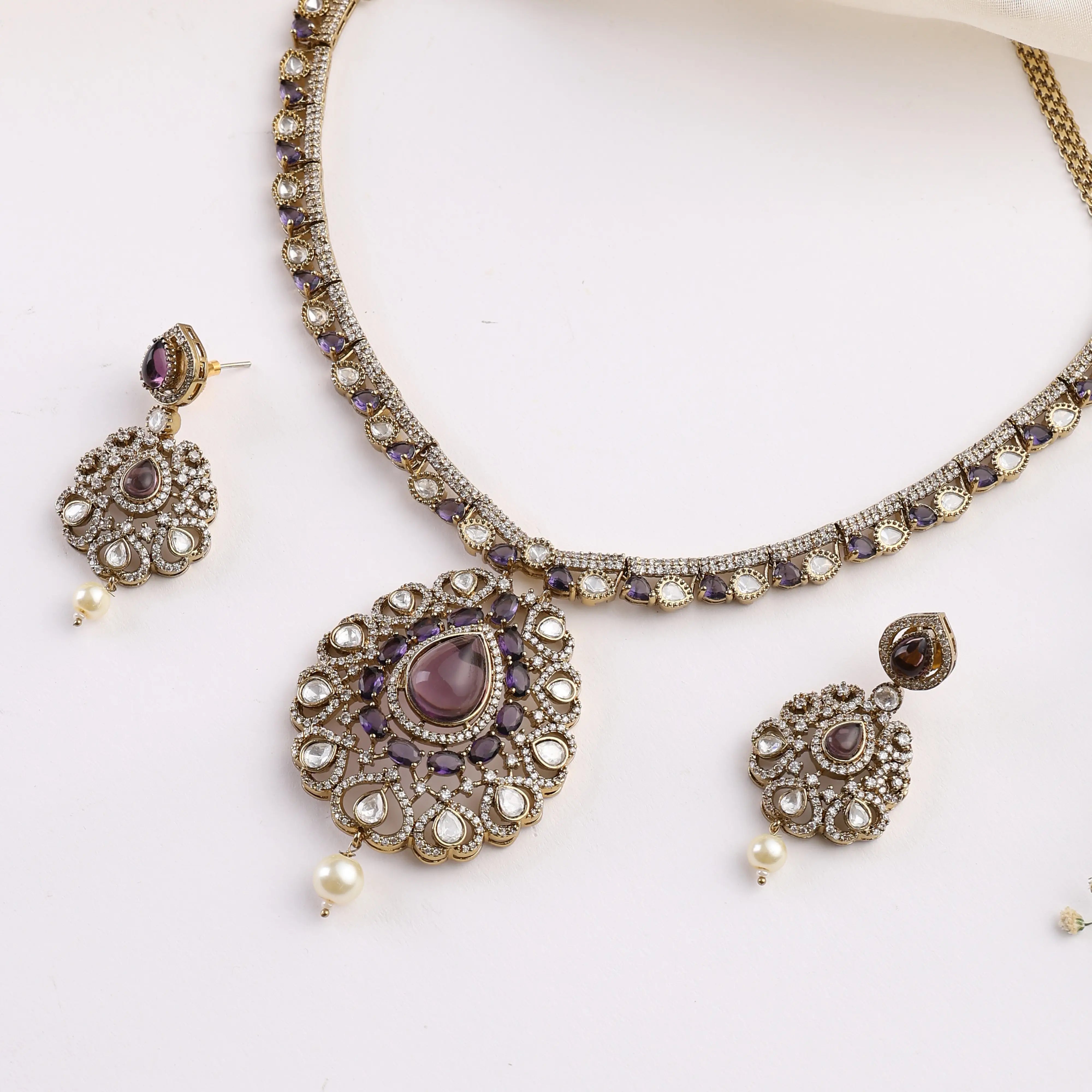 Nivara Purple Polki Kundan Necklace Set (With Earrings)