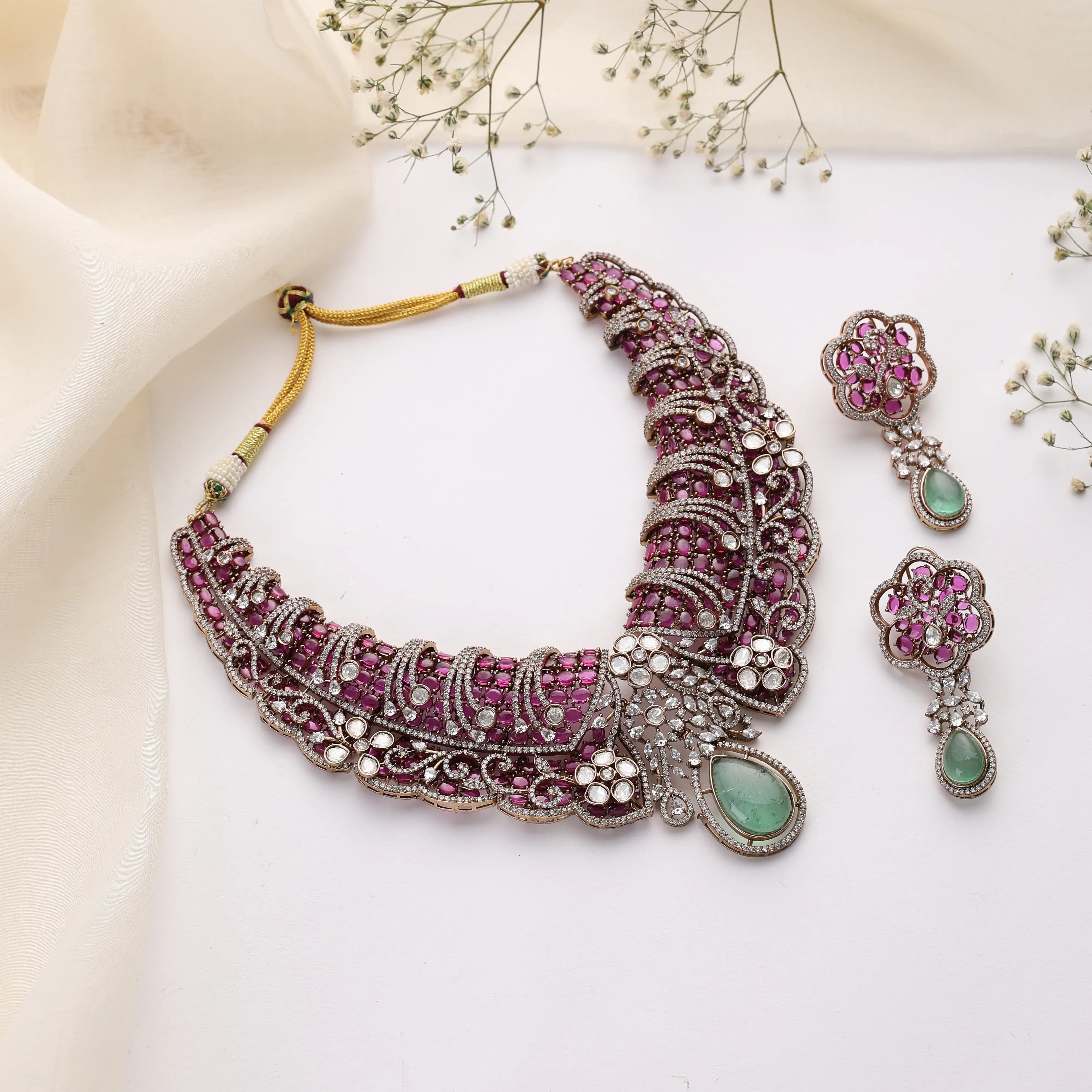 Serena Ruby Mint Necklace Set with Earrings