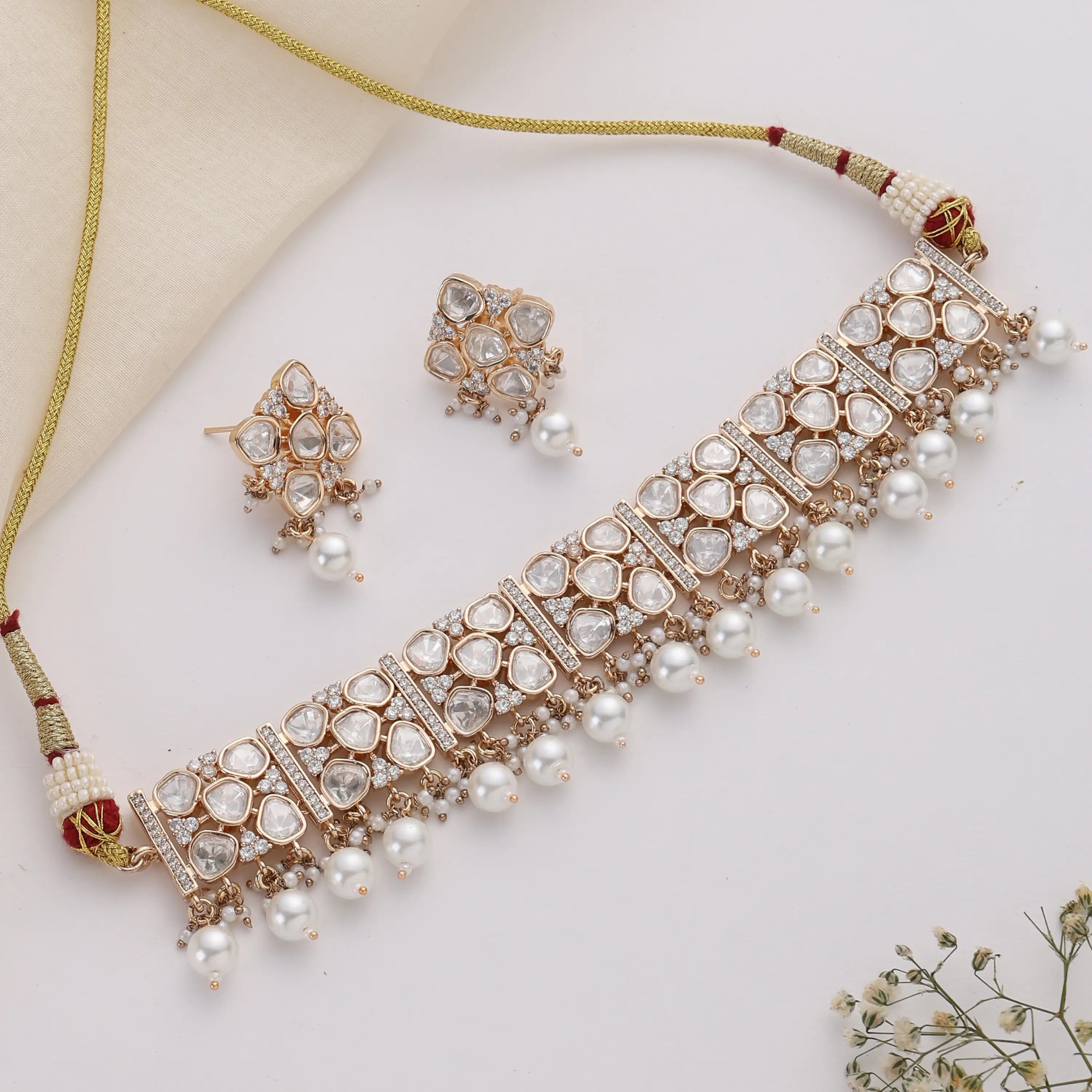 Liya Uncut Mozonite Kundan Pearl Choker Necklace Set with Earrings