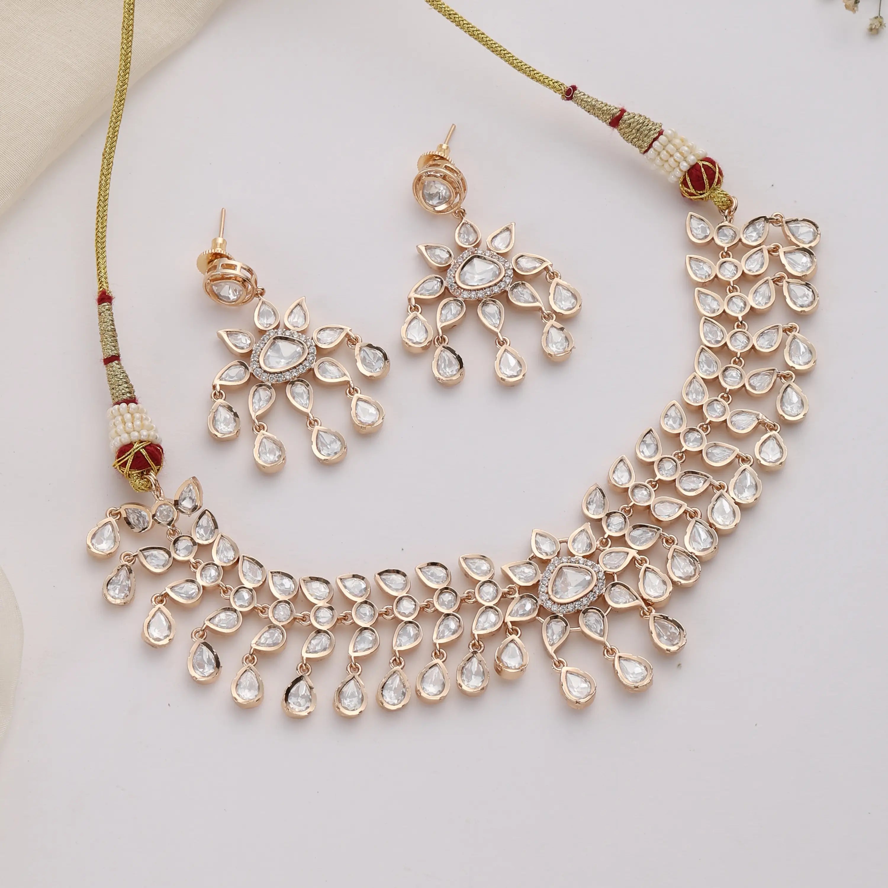 Pia UnCut Mozonite Teardrop l Choker Necklace Set with Dangle Earrings