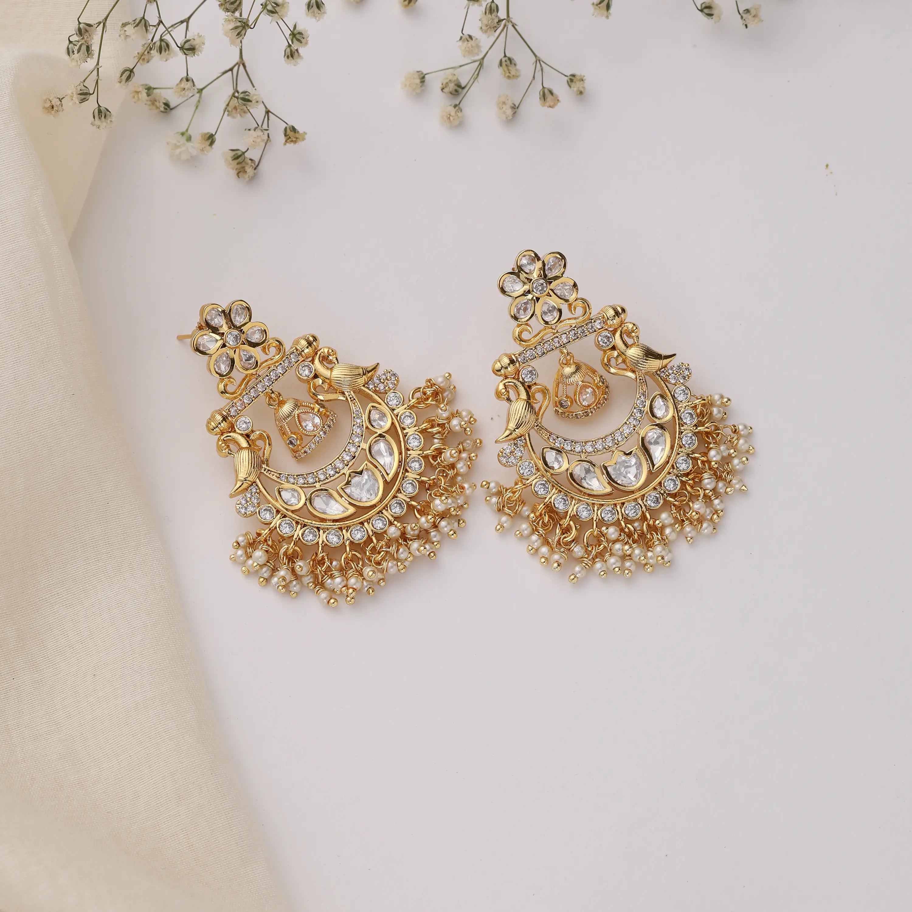 Uncut Polki Moissanite Chandbali Earrings with Pearl Drops