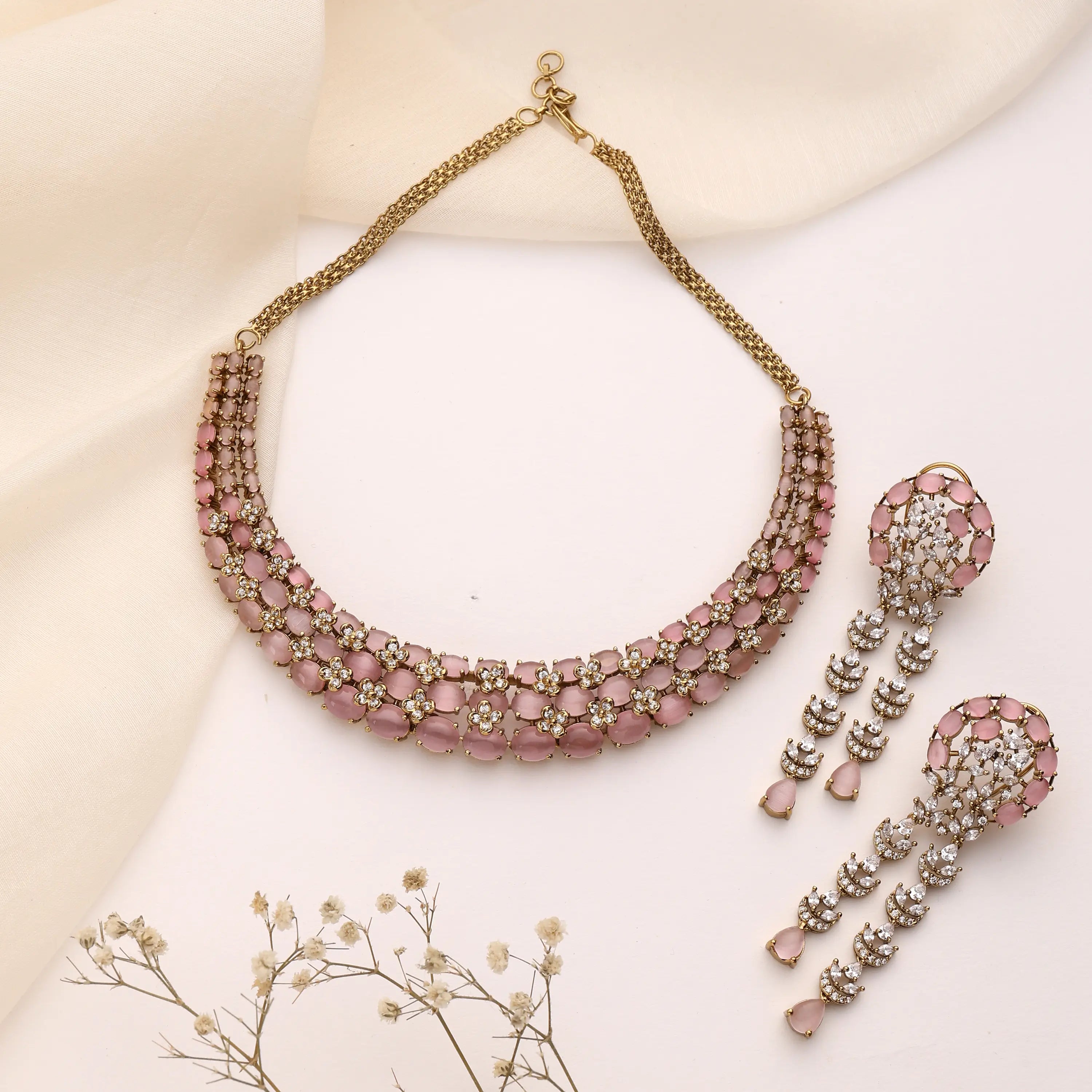 Miral Pink Choker Necklace Set with Statement Earrings