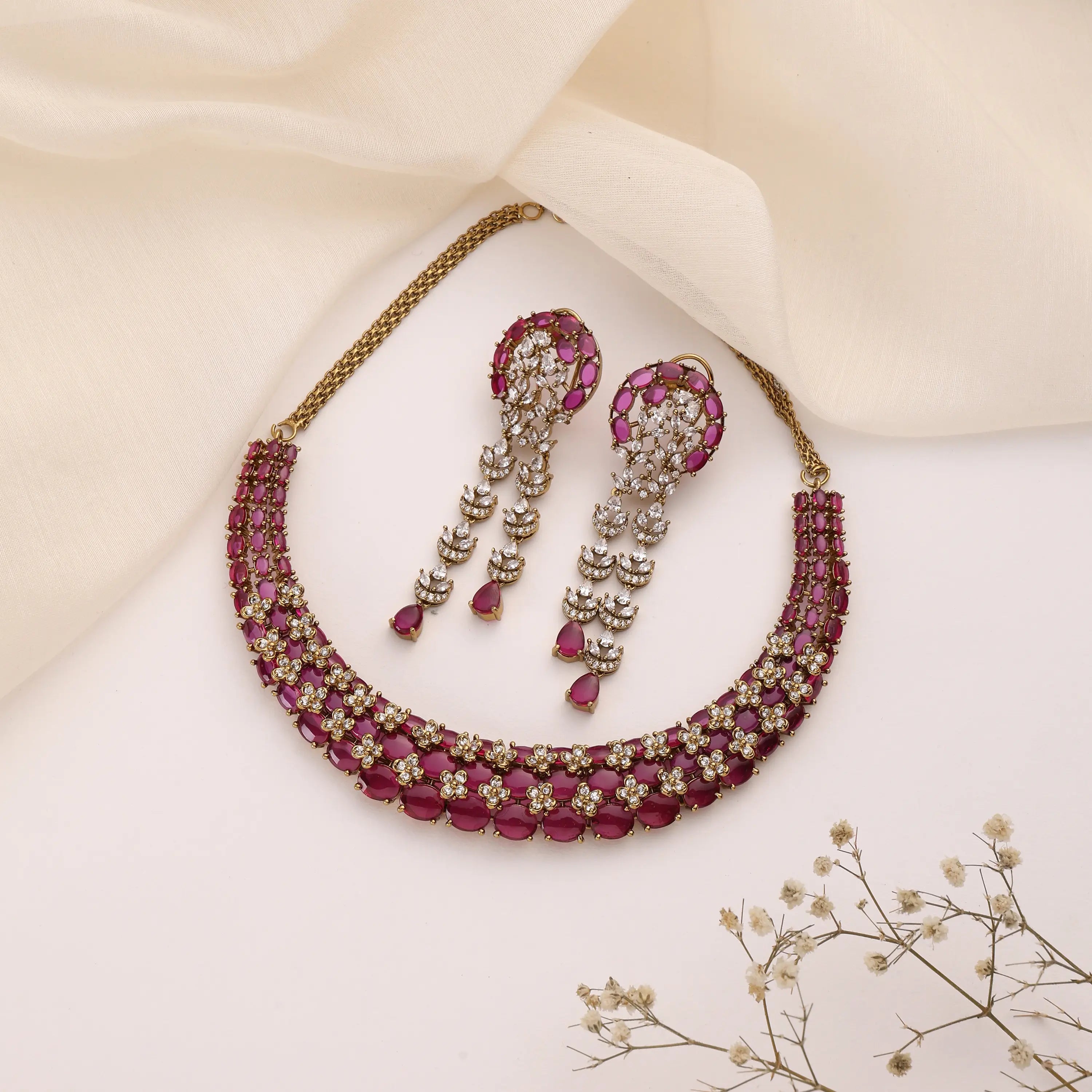 Miral Ruby Choker Necklace Set with Statement Earrings