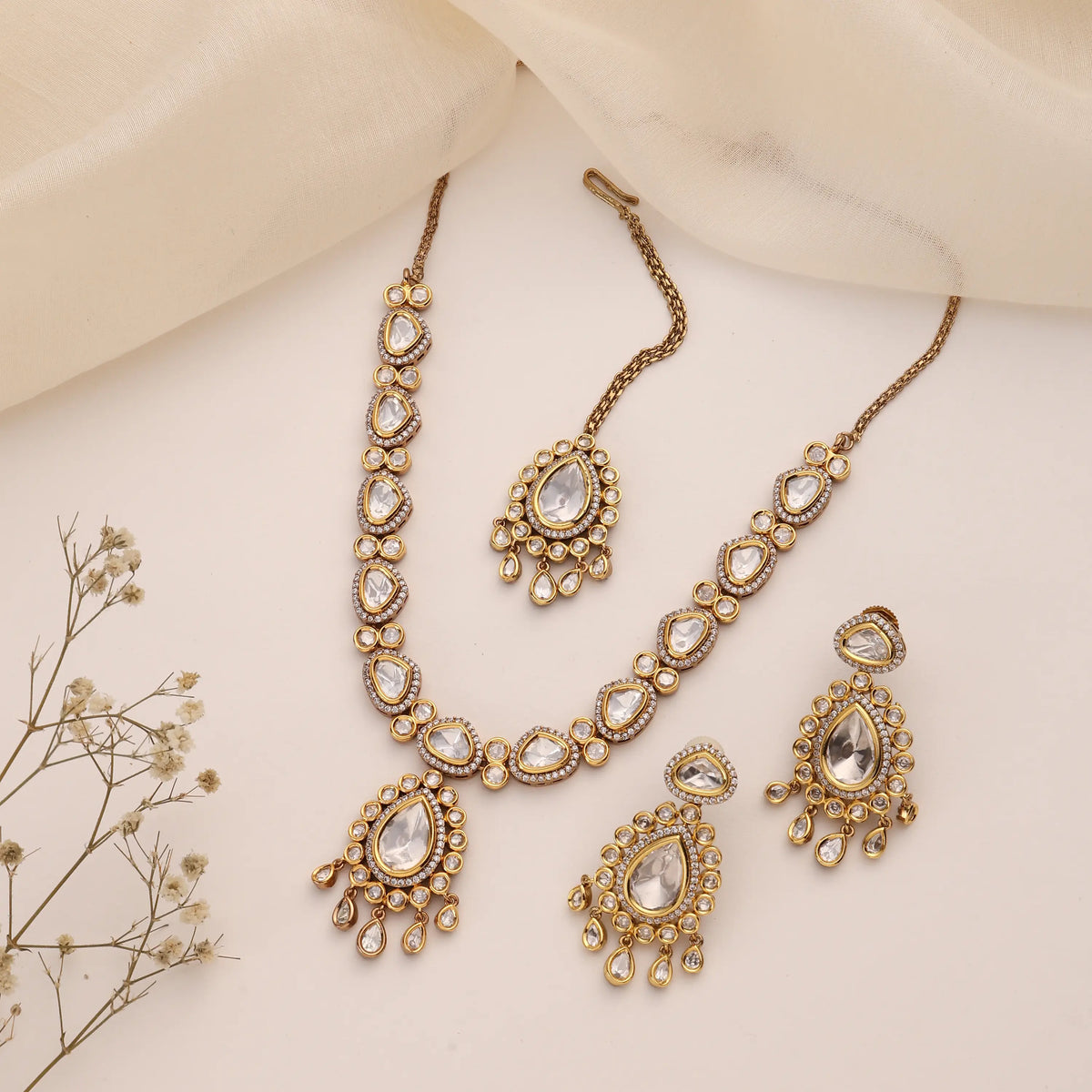 Mita Drop Uncut Polki Set with Teardrop Necklace & Earrings