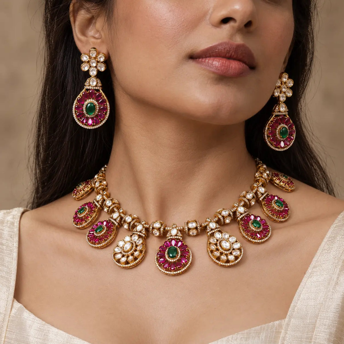 Rangira Ruby Pink & Emerald Green Kundan Medallion Necklace Set with Earrings