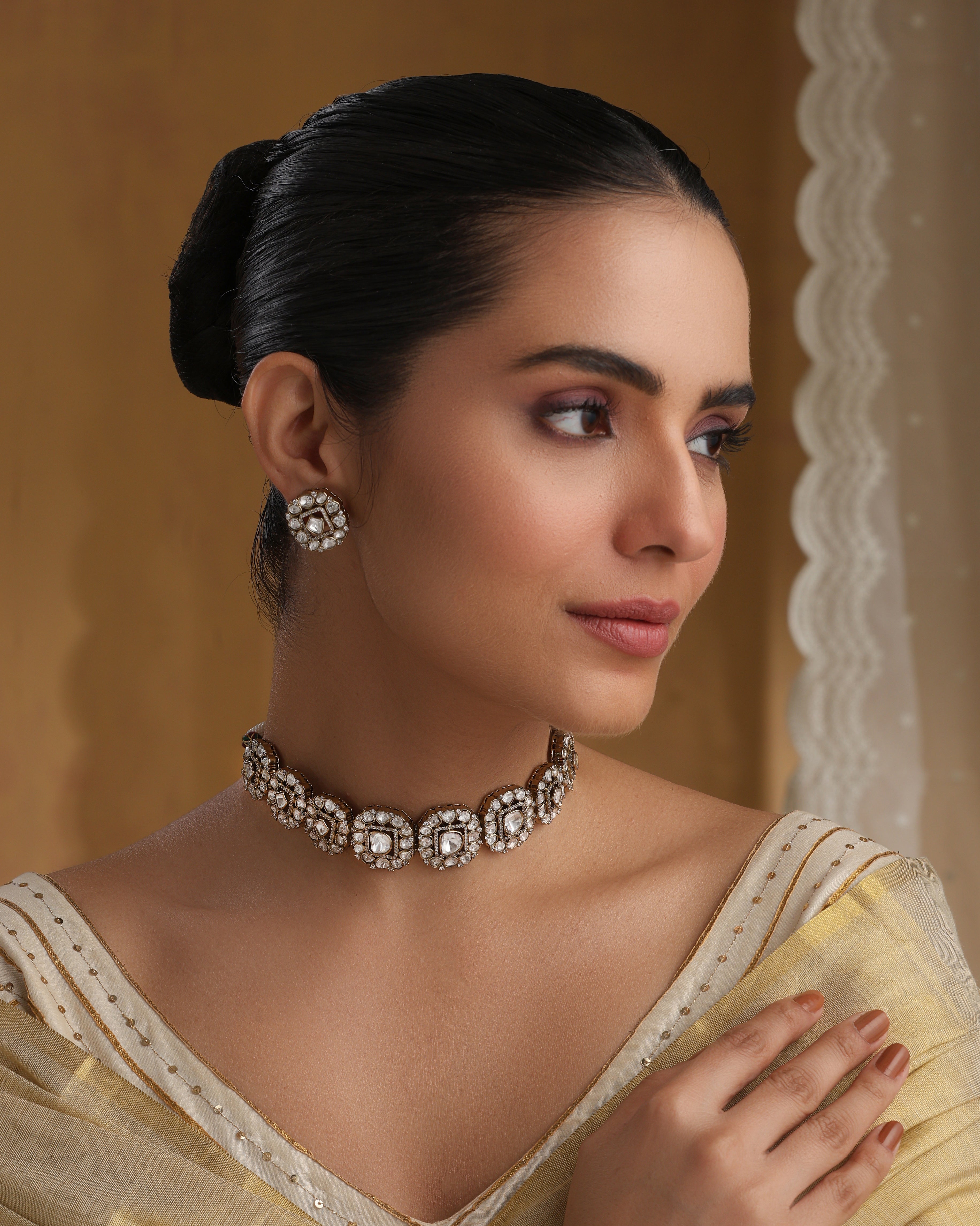 Designer Bridal Choker with Moissanite and Polki Work – Handmade Indian Necklace Set