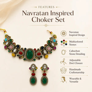 Navratan-inspired choker set with matching drop earrings on a warm cream background, featuring a large central green oval stone surrounded by multicolored stones and gold-toned detailing. Text on the right lists features including multicolored stones, cabochon stone detailing, adjustable dori closure, handmade craftsmanship, and wearability.