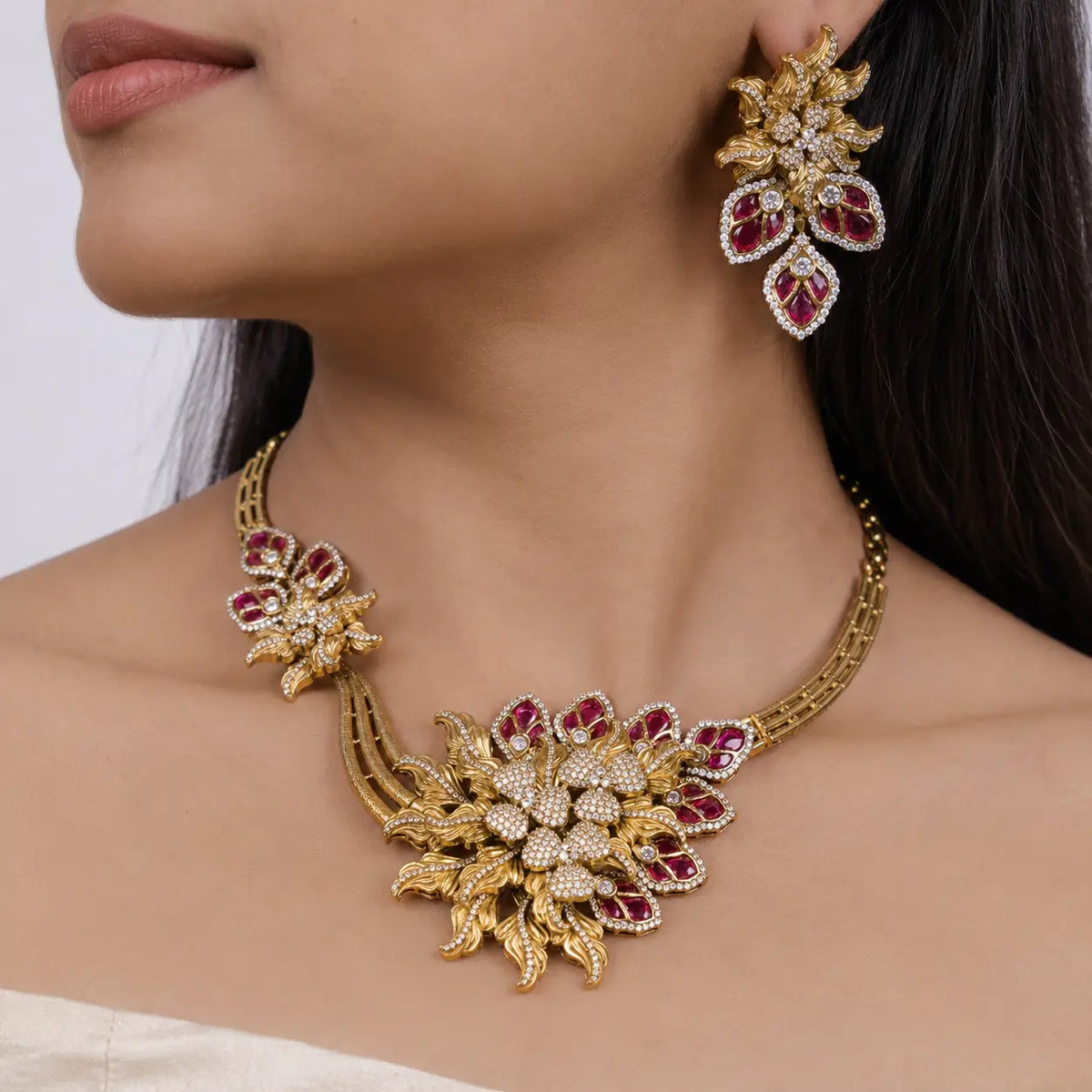 Lia Ruby Pink Floral CZ Necklace Set with Earrings