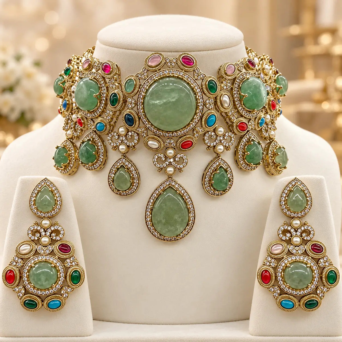 Armina Jade Green Navratan Choker Set with Earrings