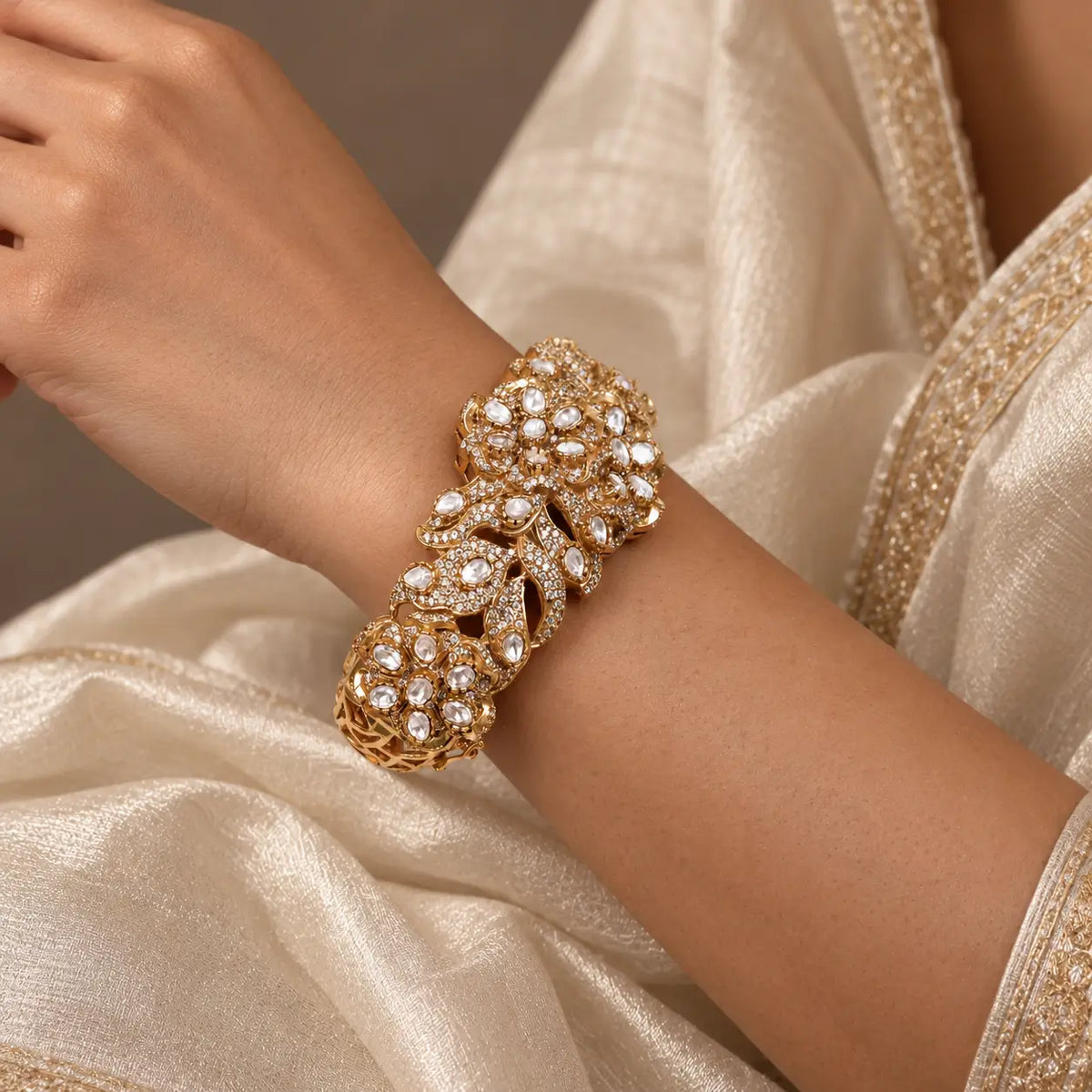 Gulvara Gold Floral Polki-Style Statement Brace