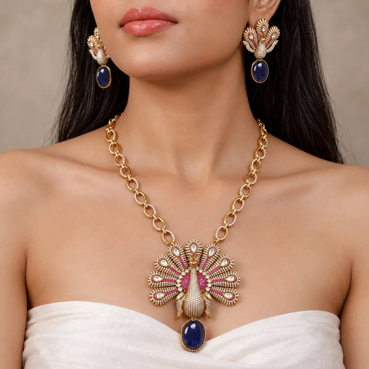 Mayurika Sapphire Blue & Ruby Pink Peacock CZ Necklace Set with Earrings