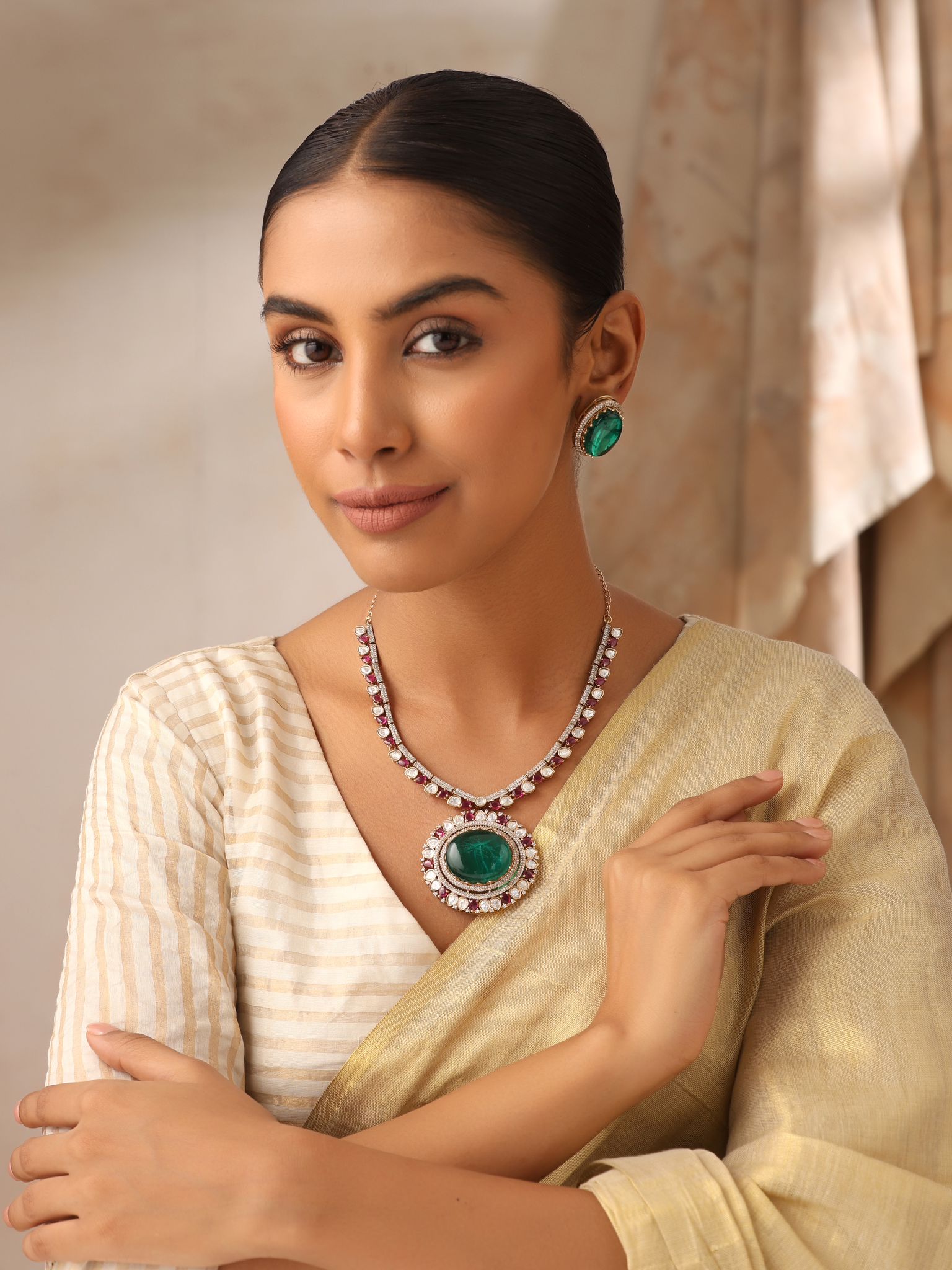 Maharani Emerald Polki Necklace Set with Ruby Accents