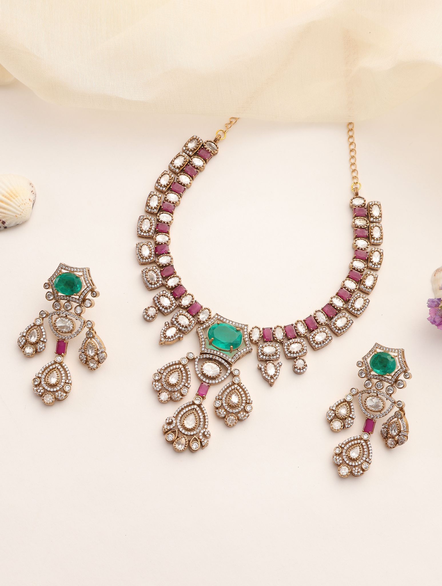 Pre Order (6 weeks) Heer Emerald & Ruby CZ Necklace Set with Polki Drops
