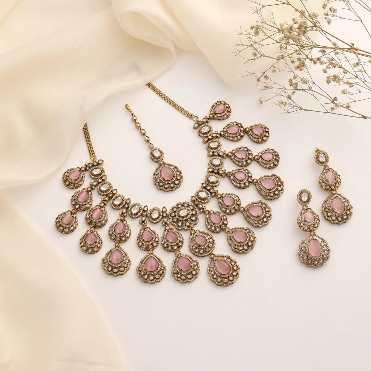 Maharani Pink Polki Kundan Necklace Set with Earrings & Tikka