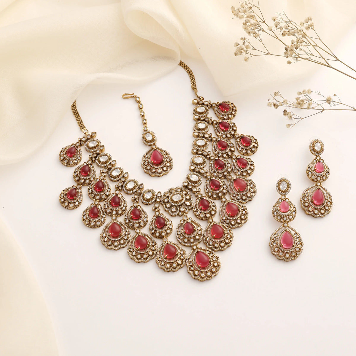 Maharani Ruby Polki Kundan Necklace Set with Earrings & Tikka