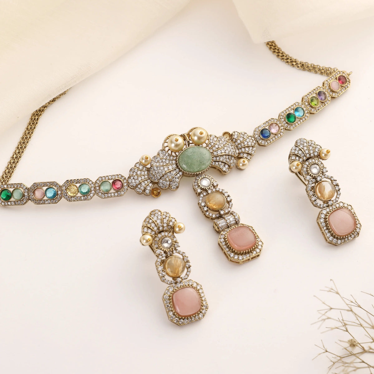 Pastel Multicolor Stone Choker Necklace Set with Statement Earrings